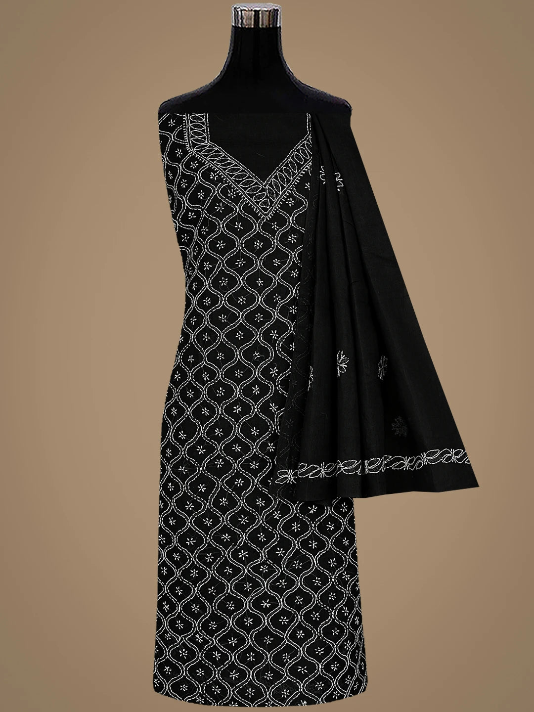 Ada Hand Embroidered Black Cotton Lucknowi Chikankari Unstitched Suit Piece 01A887925