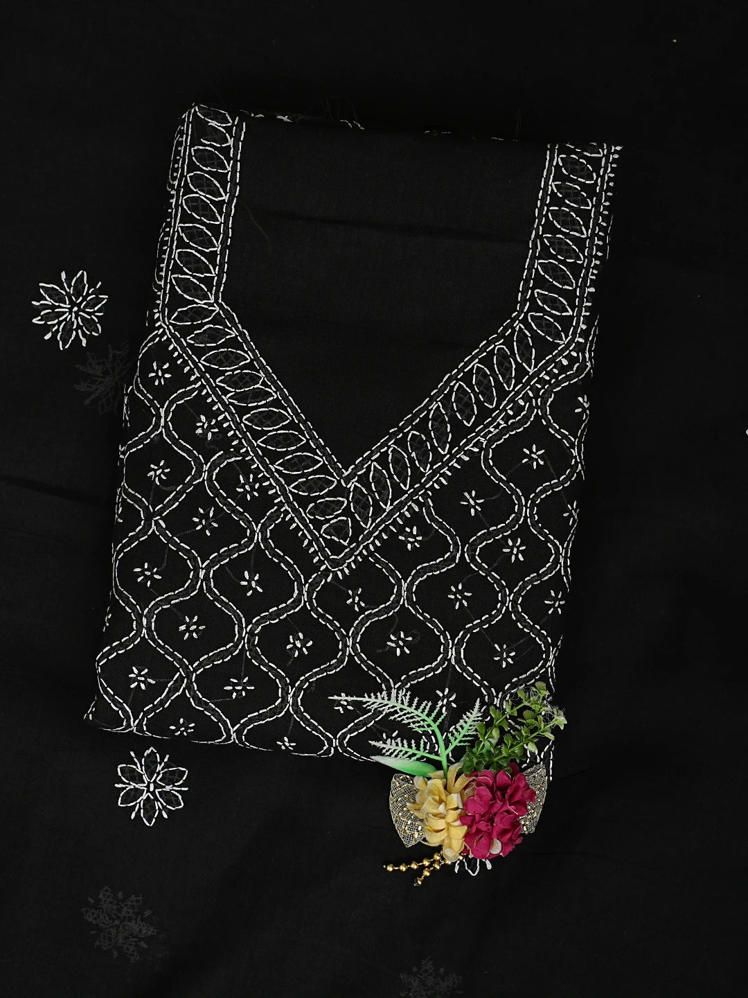 Ada Hand Embroidered Black Cotton Lucknowi Chikankari Unstitched Suit Piece 01A887925