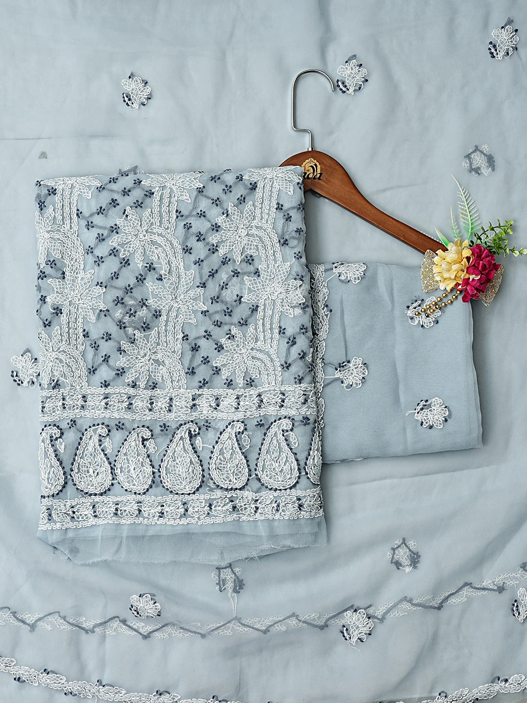 Ada Hand Embroidered Cadet Grey Georgette Lucknowi Chikankari Unstitched Suit Piece 01A872123