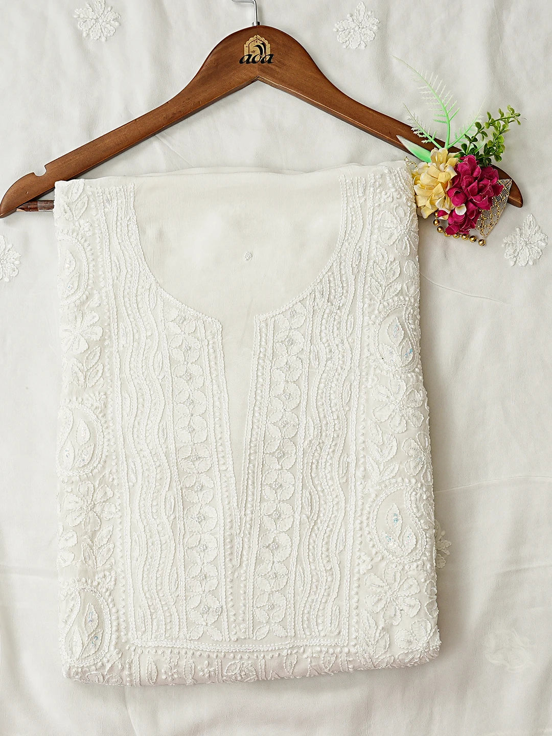Ada Hand Embroidered White Viscose Georgette Lucknowi Chikankari Unstitched Kurta Dupatta Set With Cutdana Work 01A666209