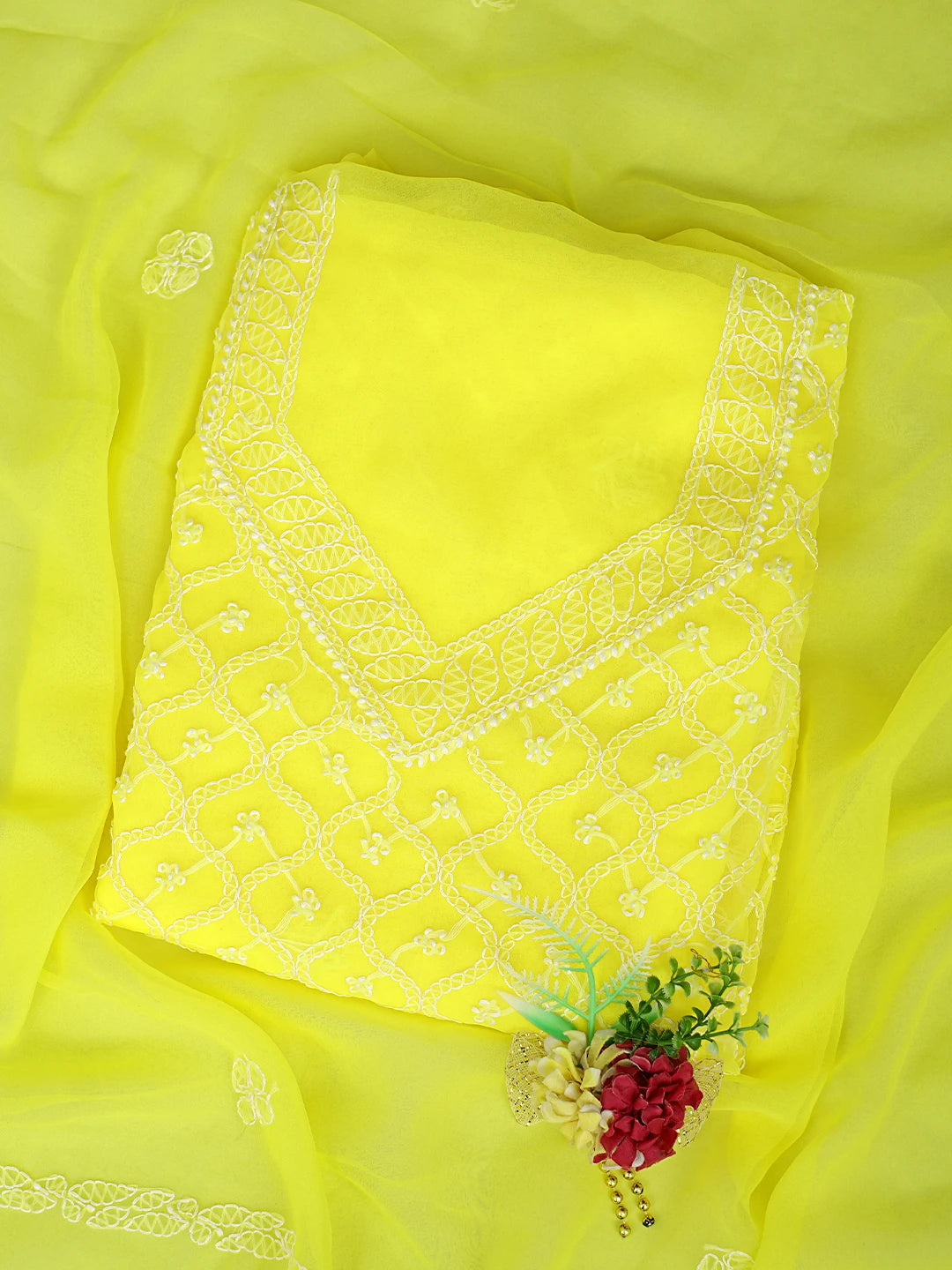 Ada Hand Embroidered Yellow Georgette Lucknowi Chikankari Unstitched Suit Piece 01A879227
