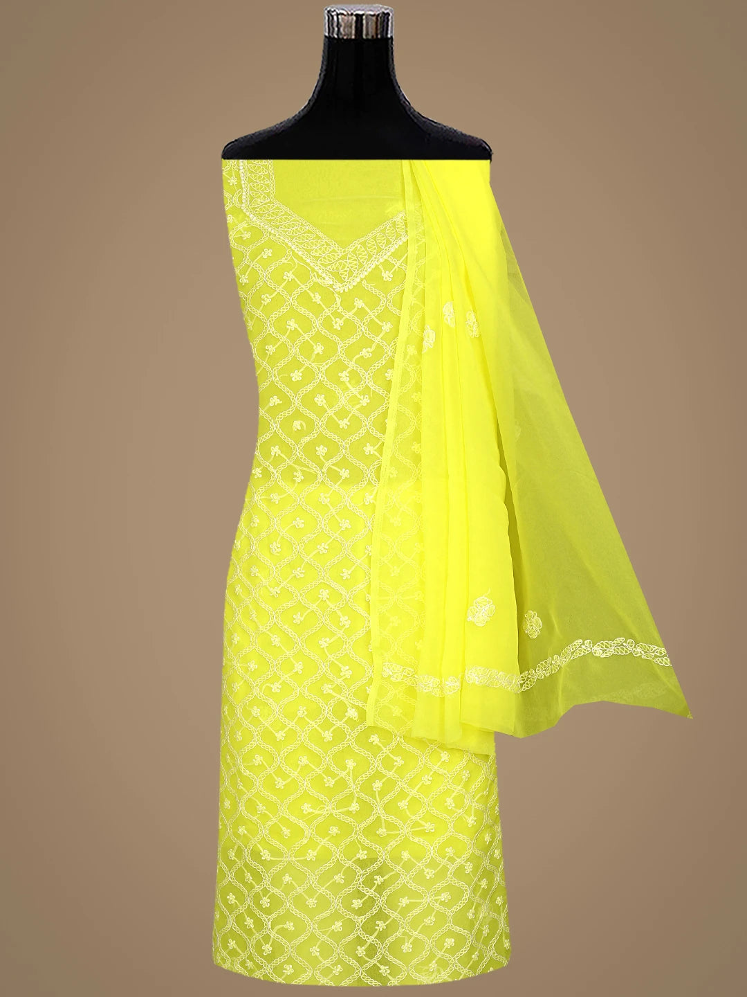 Ada Hand Embroidered Yellow Georgette Lucknowi Chikankari Unstitched Suit Piece 01A879227