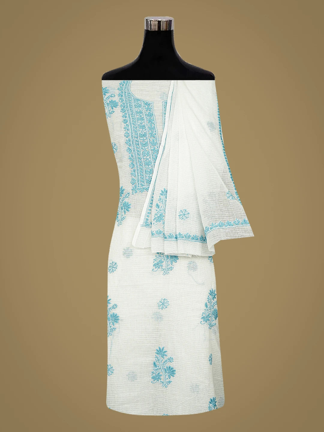 Ada Hand Embroidered White Kota Lucknowi Chikankari Unstitched Kurta Dupatta Set 01A876967