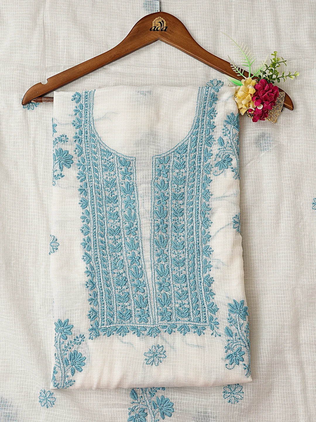Ada Hand Embroidered White Kota Lucknowi Chikankari Unstitched Kurta Dupatta Set 01A876967