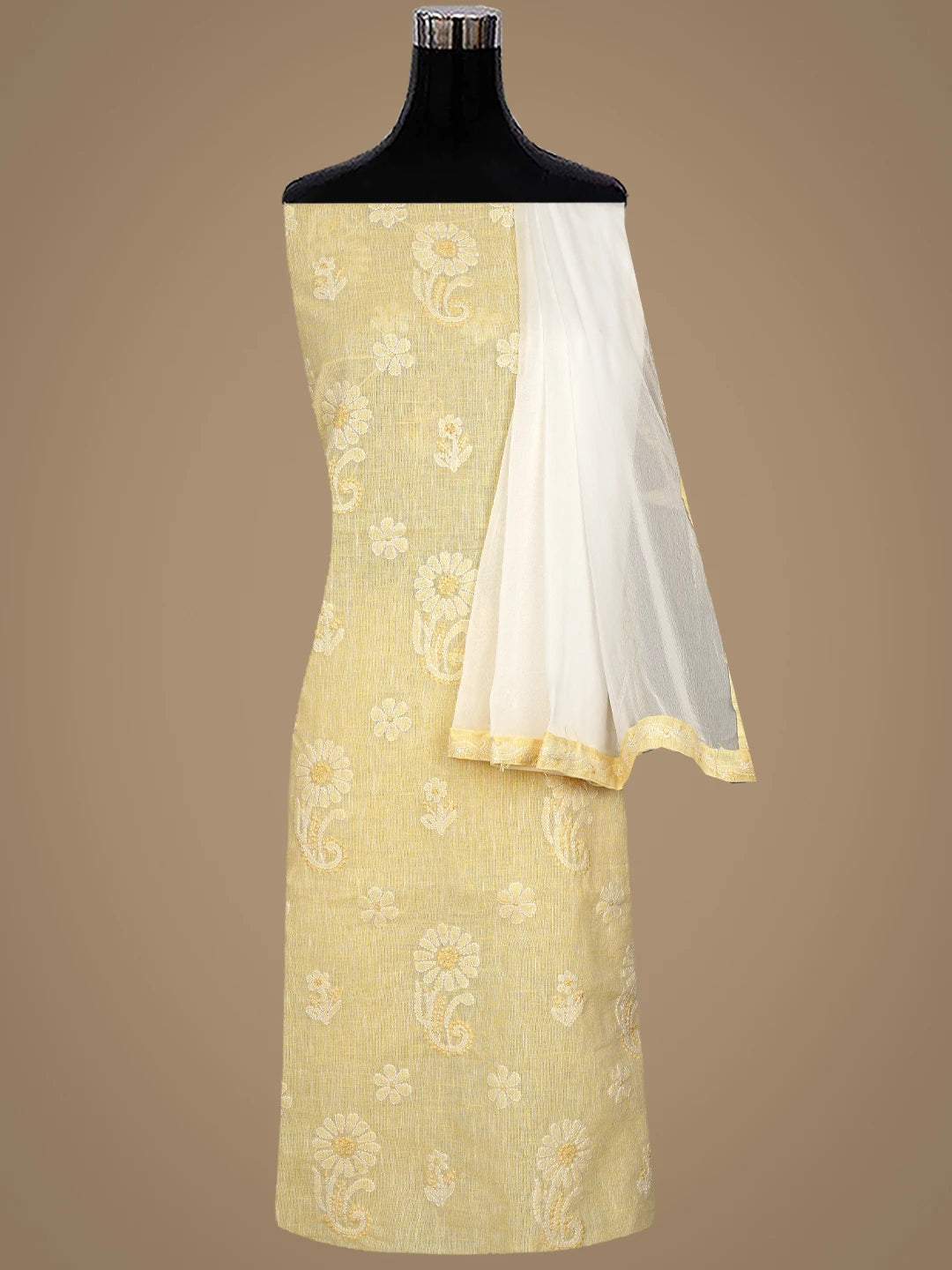 Ada Hand Embroidered Pale Yellow Linen Lucknowi Chikankari Unstitched Suit Piece 01A885335