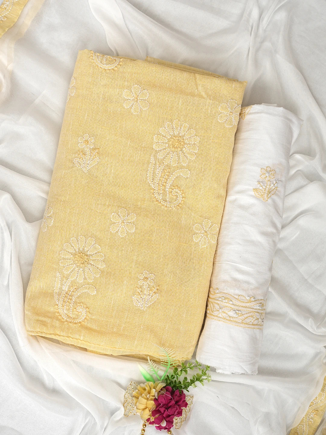Ada Hand Embroidered Pale Yellow Linen Lucknowi Chikankari Unstitched Suit Piece 01A885335