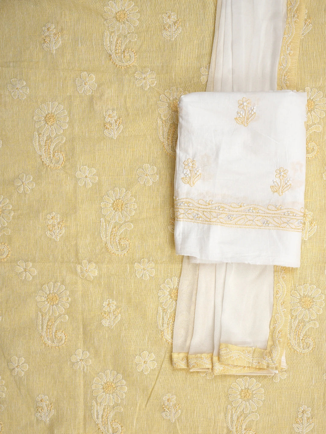 Ada Hand Embroidered Pale Yellow Linen Lucknowi Chikankari Unstitched Suit Piece 01A885335