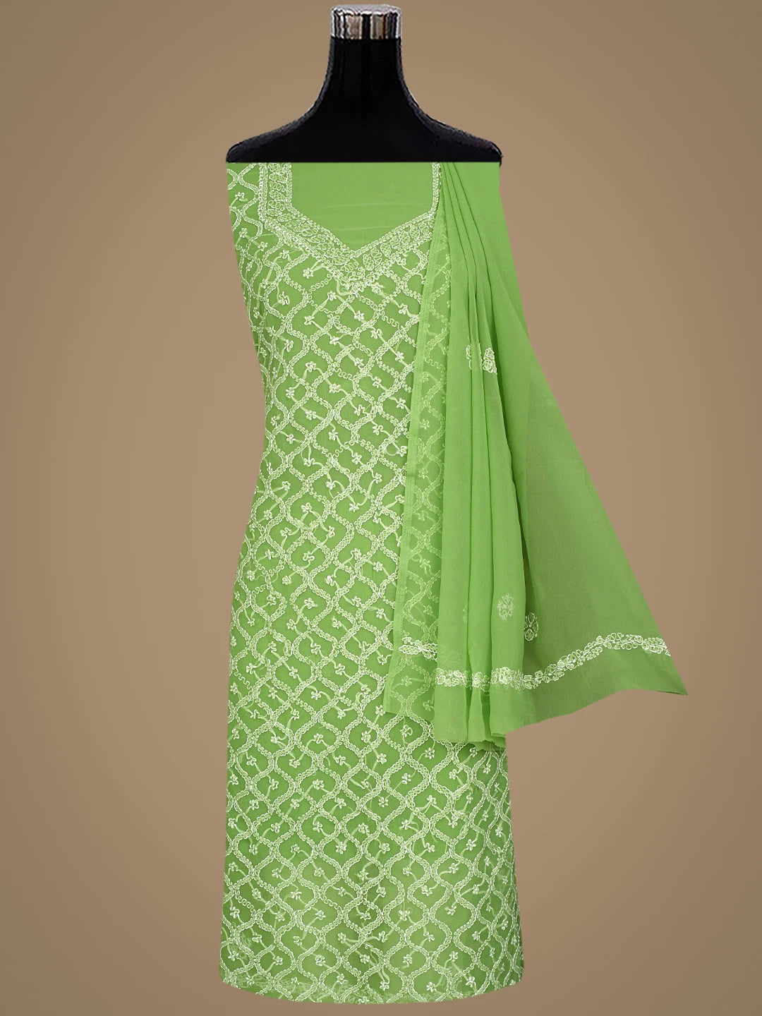 Ada Hand Embroidered Lime Green Georgette Lucknowi Chikankari Unstitched Suit Piece 01A879187