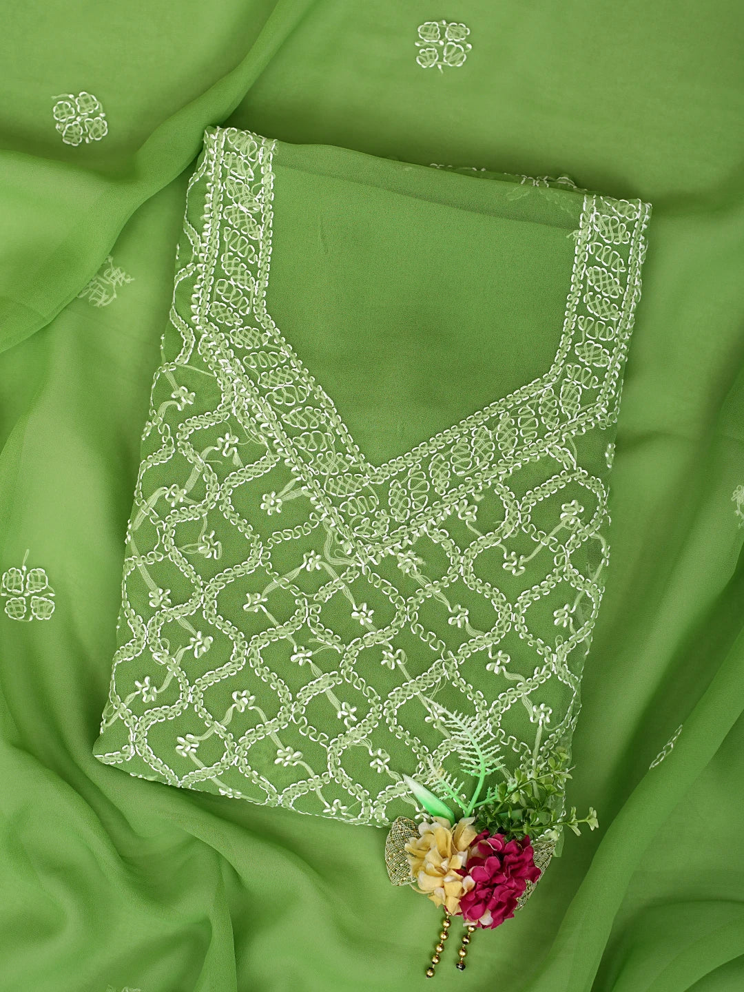 Ada Hand Embroidered Lime Green Georgette Lucknowi Chikankari Unstitched Suit Piece 01A879187