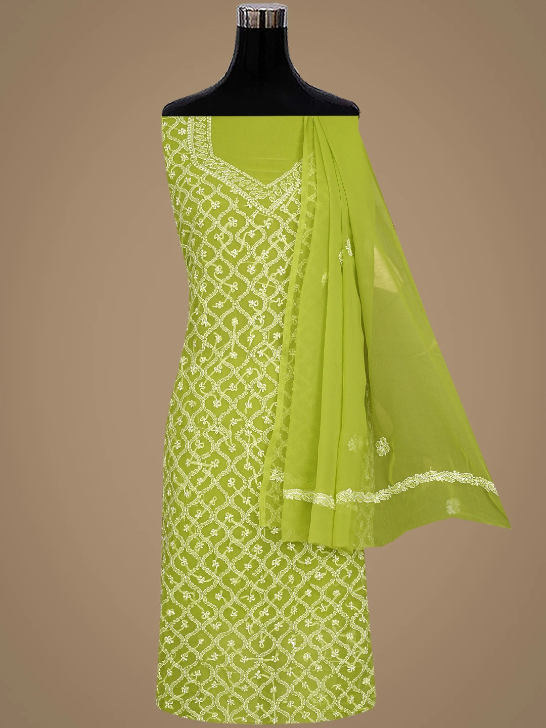 Ada Hand Embroidered Parrot Green Georgette Lucknowi Chikankari Unstitched Suit Piece 01A879201