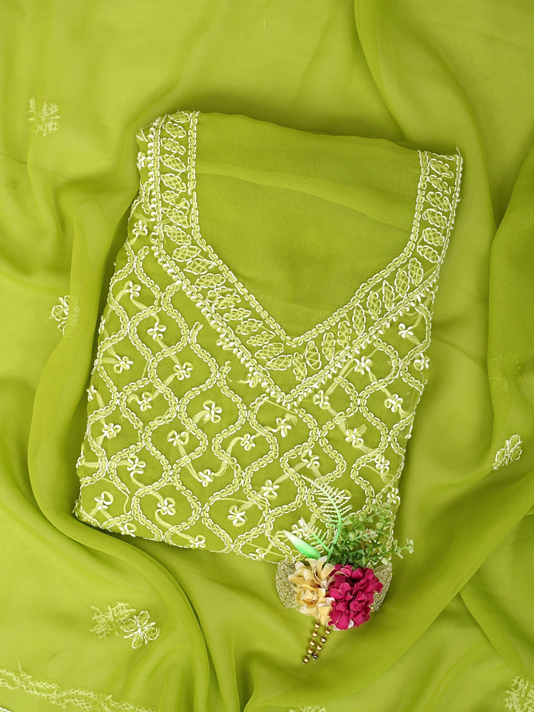 Ada Hand Embroidered Parrot Green Georgette Lucknowi Chikankari Unstitched Suit Piece 01A879201