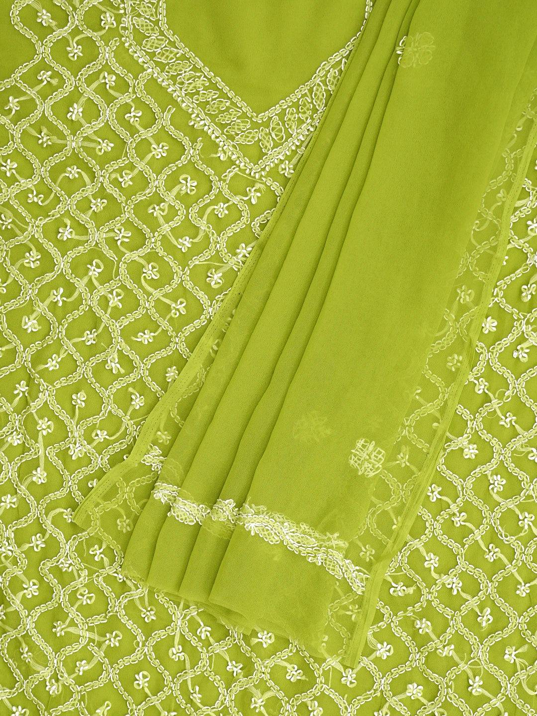 Ada Hand Embroidered Parrot Green Georgette Lucknowi Chikankari Unstitched Suit Piece 01A879201