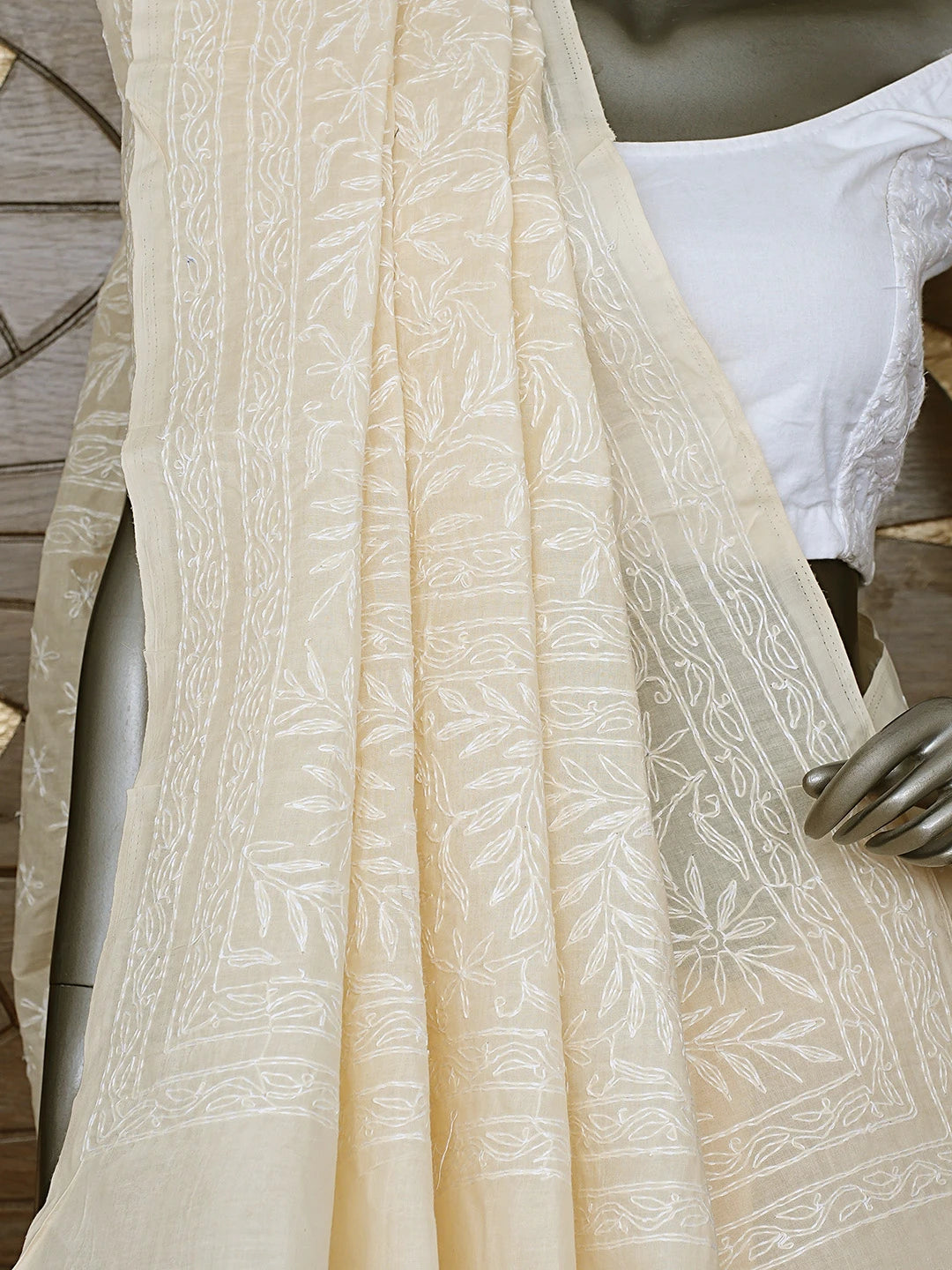 Ada Hand Embroidered Almond Brown Cotton Lucknowi Chikankari Saree and Blouse 01A873390