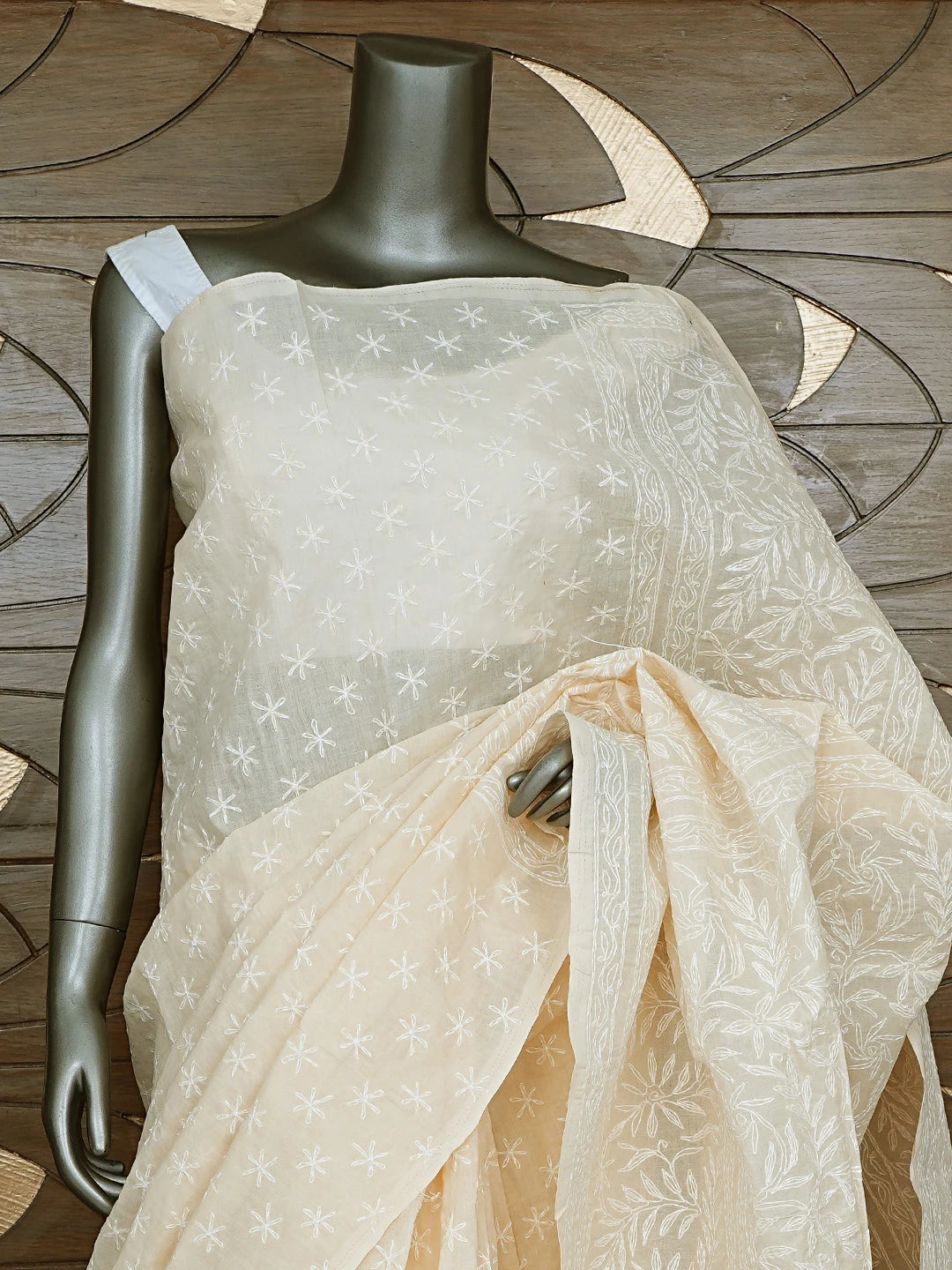 Ada Hand Embroidered Almond Brown Cotton Lucknowi Chikankari Saree and Blouse 01A873390
