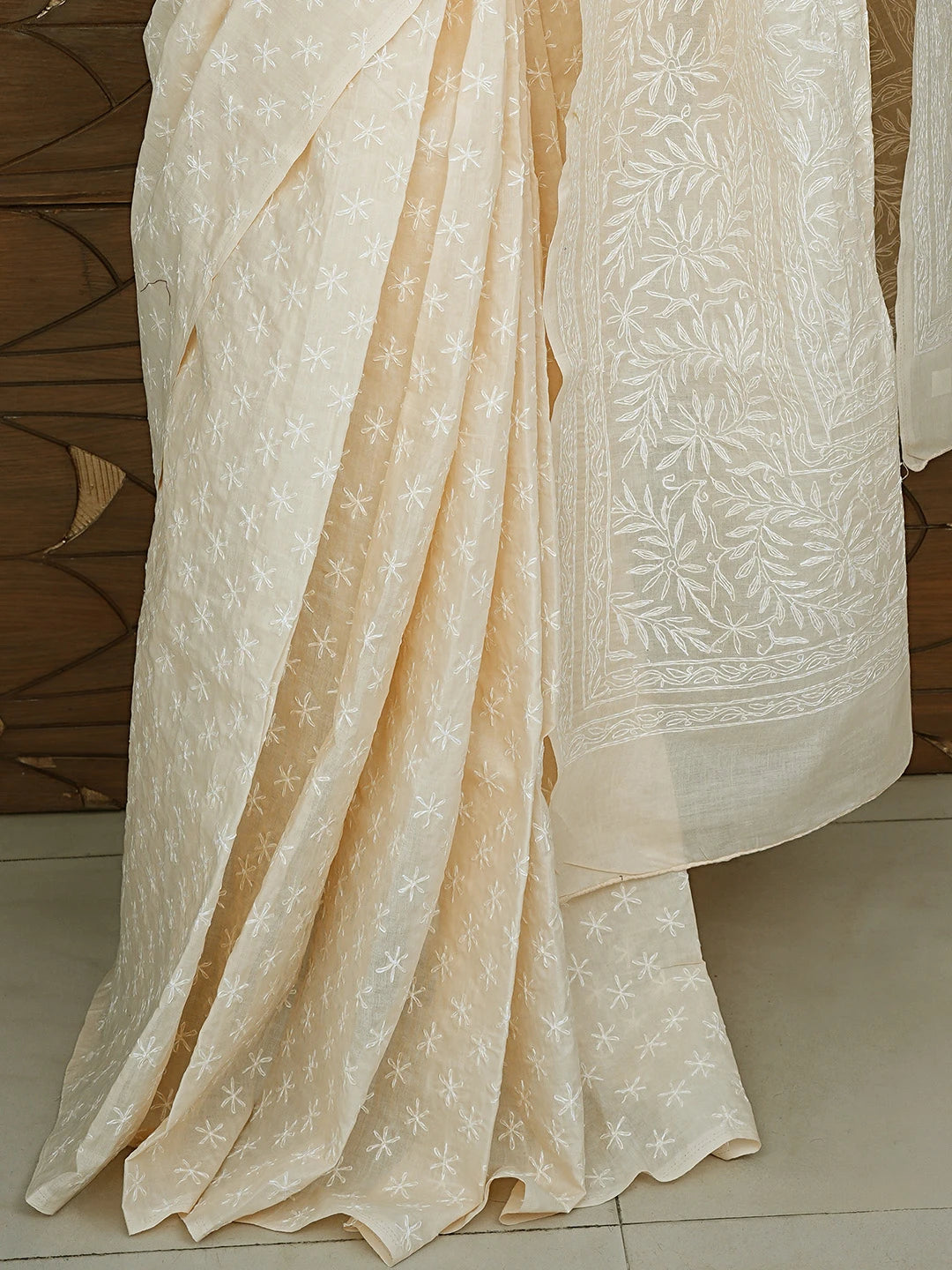 Ada Hand Embroidered Almond Brown Cotton Lucknowi Chikankari Saree and Blouse 01A873390