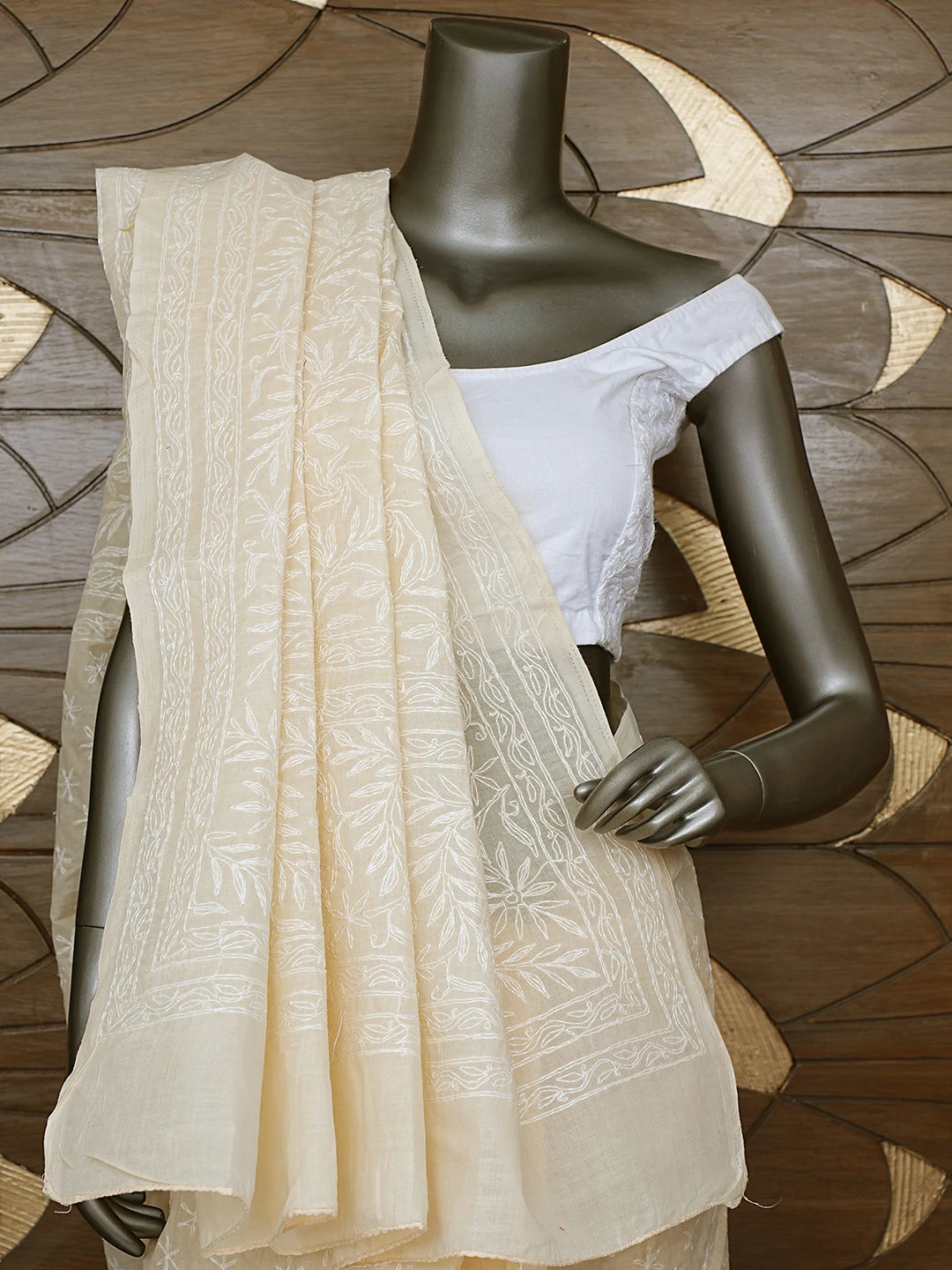 Ada Hand Embroidered Almond Brown Cotton Lucknowi Chikankari Saree and Blouse 01A873390
