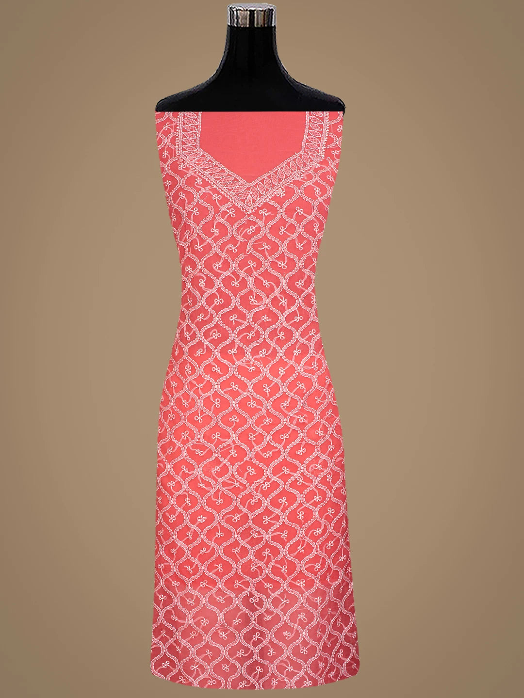 Ada Hand Embroidered Carrot Pink Georgette Lucknowi Chikankari Unstitched Suit Piece 01A879256