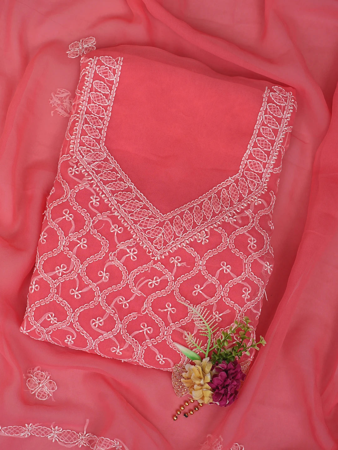 Ada Hand Embroidered Carrot Pink Georgette Lucknowi Chikankari Unstitched Suit Piece 01A879256
