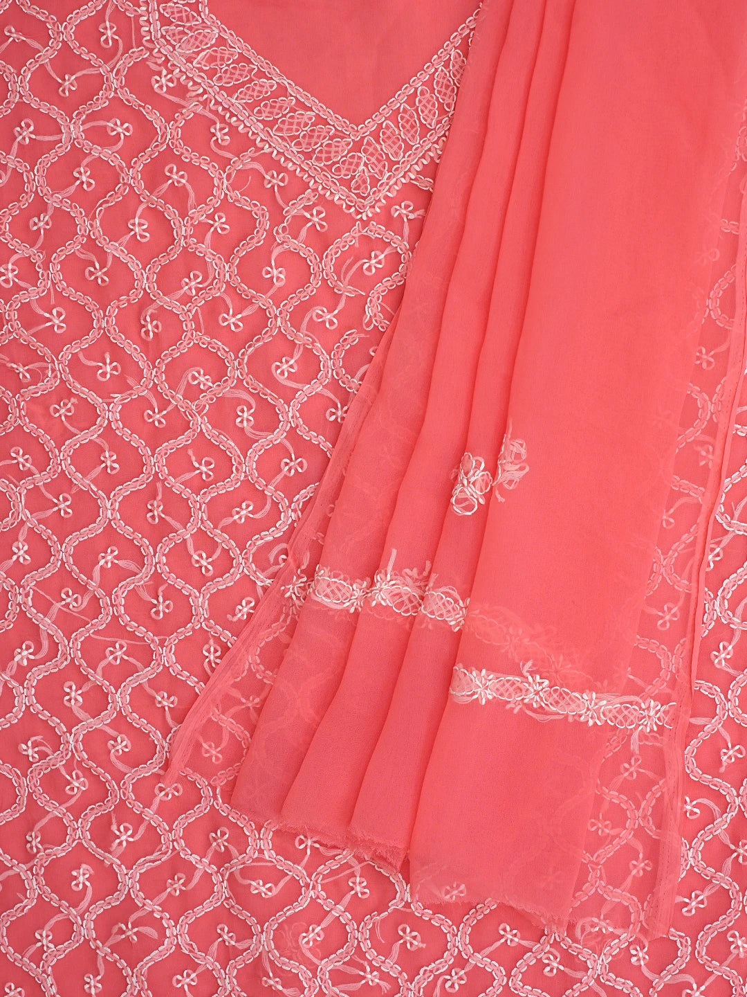 Ada Hand Embroidered Carrot Pink Georgette Lucknowi Chikankari Unstitched Suit Piece 01A879256