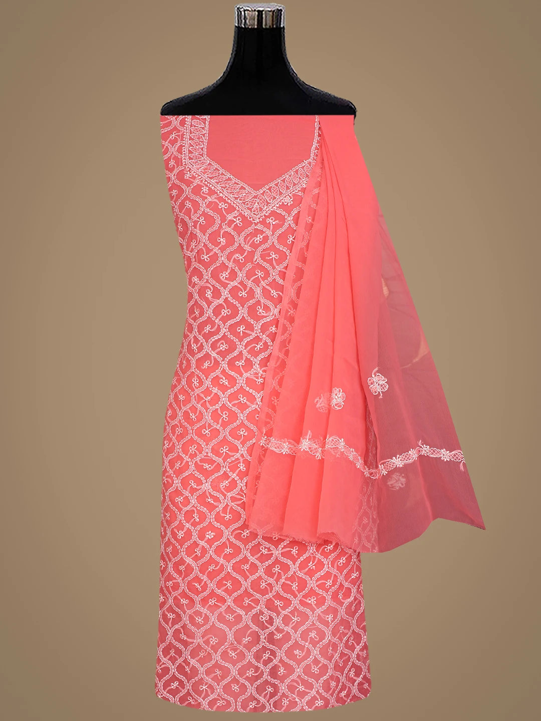 Ada Hand Embroidered Carrot Pink Georgette Lucknowi Chikankari Unstitched Suit Piece 01A879256