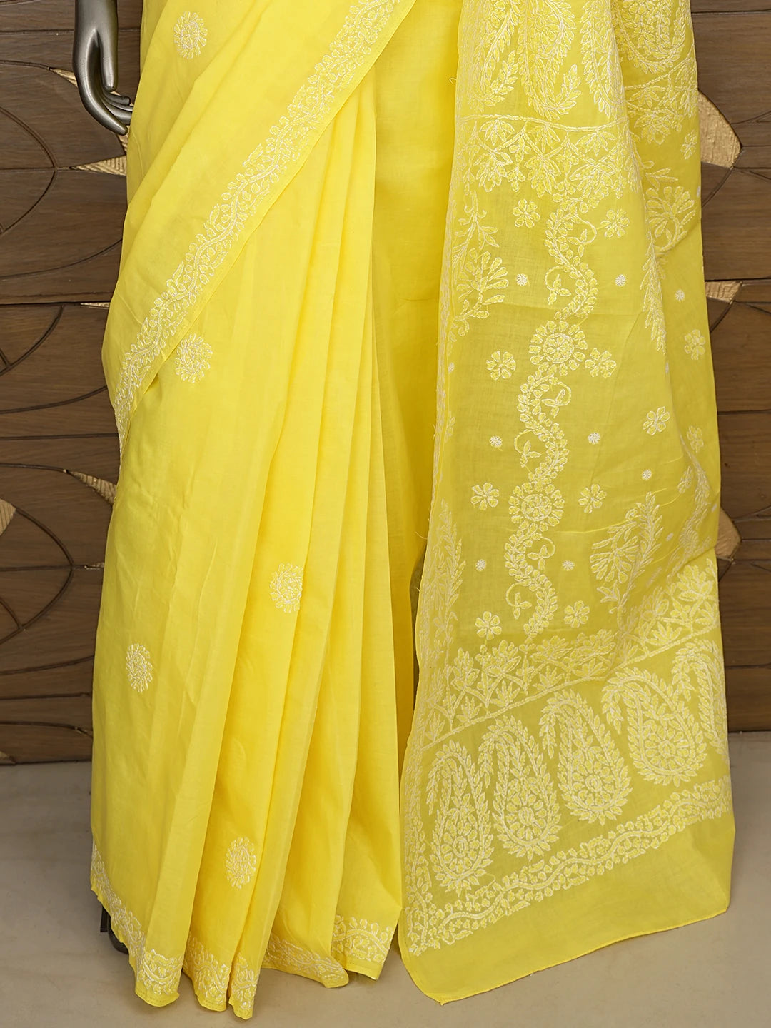 Ada Hand Embroidered Yellow Cotton Lucknowi Chikankari Saree and Blouse 01A872982