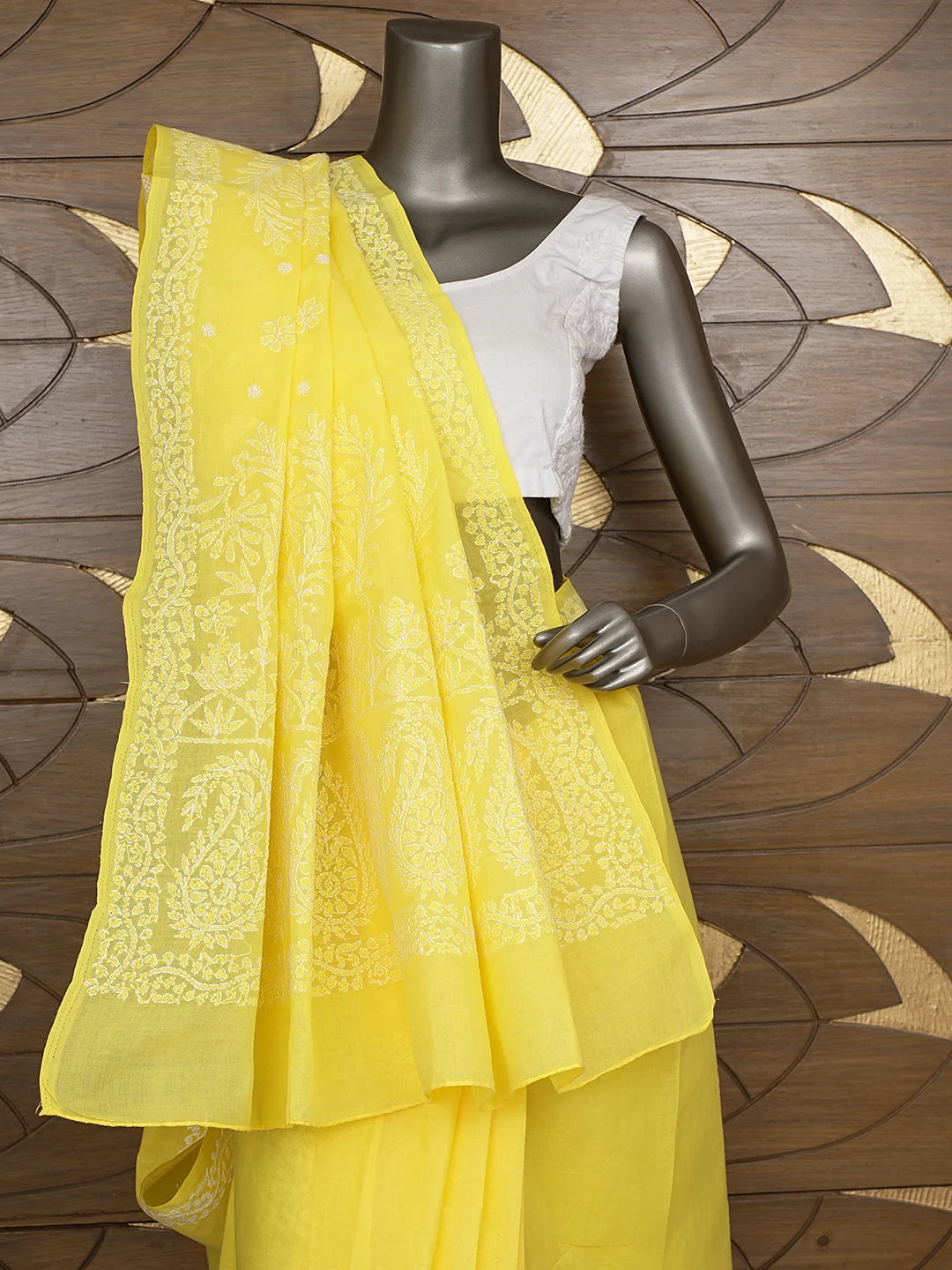 Ada Hand Embroidered Yellow Cotton Lucknowi Chikankari Saree and Blouse 01A872982