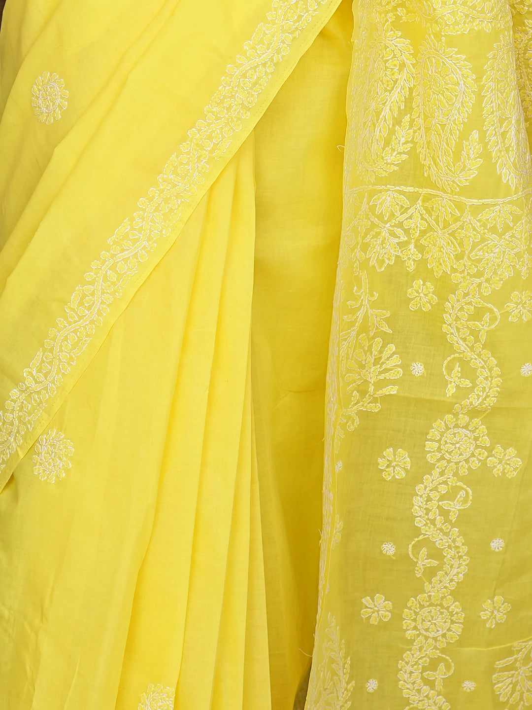 Ada Hand Embroidered Yellow Cotton Lucknowi Chikankari Saree and Blouse 01A872982