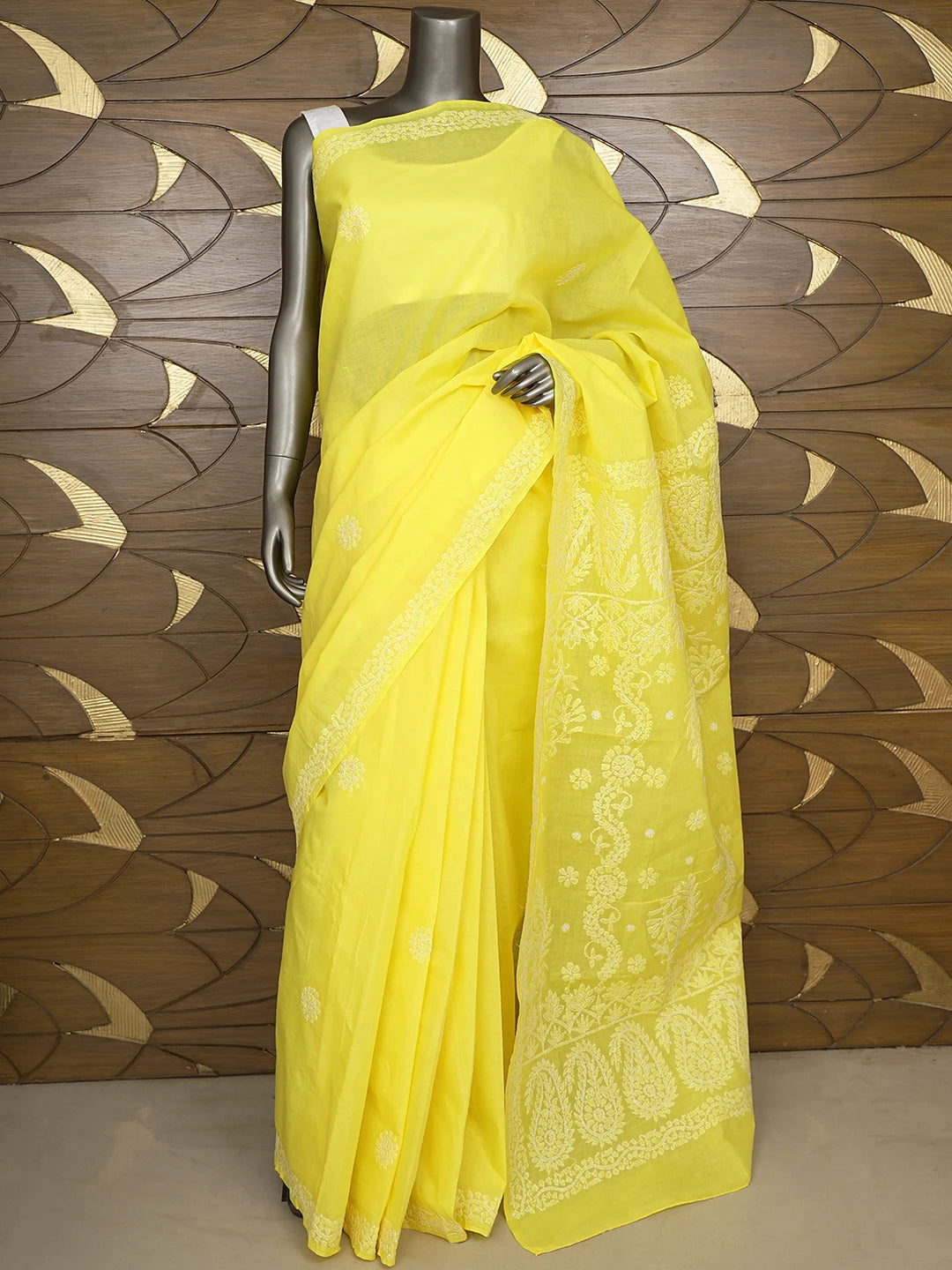 Ada Hand Embroidered Yellow Cotton Lucknowi Chikankari Saree and Blouse 01A872982