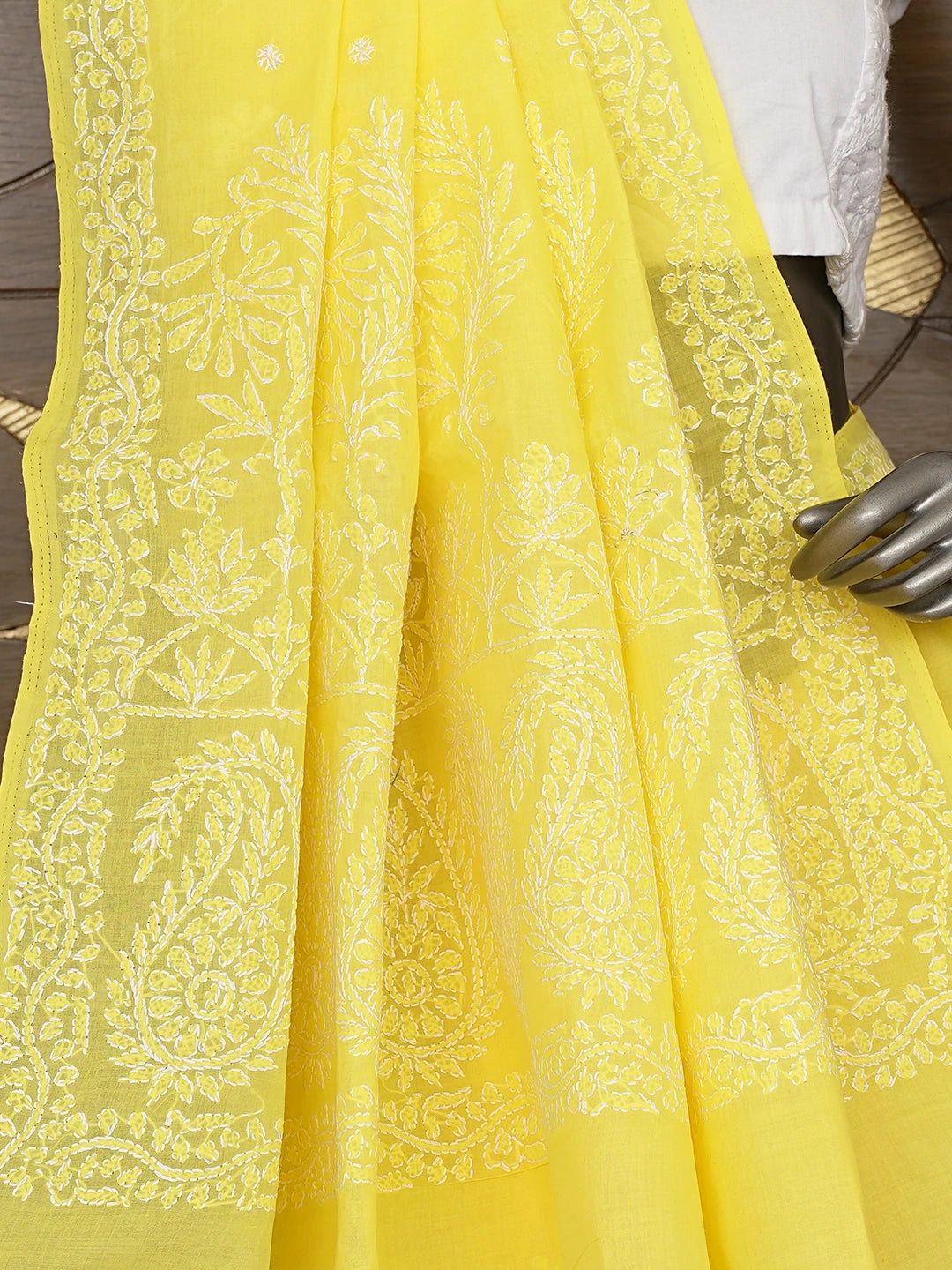 Ada Hand Embroidered Yellow Cotton Lucknowi Chikankari Saree and Blouse 01A872982