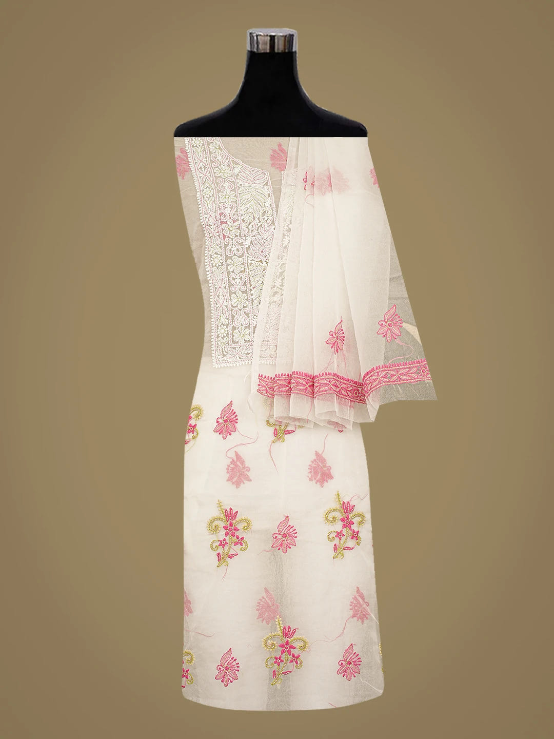 Ada Hand Embroidered White Cosmic Latte Organza Lucknowi Chikankari Unstitched Kurta Dupatta Set With Cutdana Work 01A877736