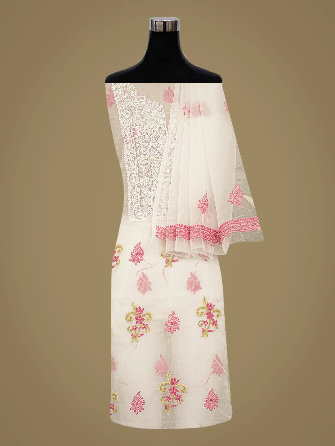 Ada Hand Embroidered White Cosmic Latte Organza Lucknowi Chikankari Unstitched Kurta Dupatta Set With Cutdana Work 01A877736