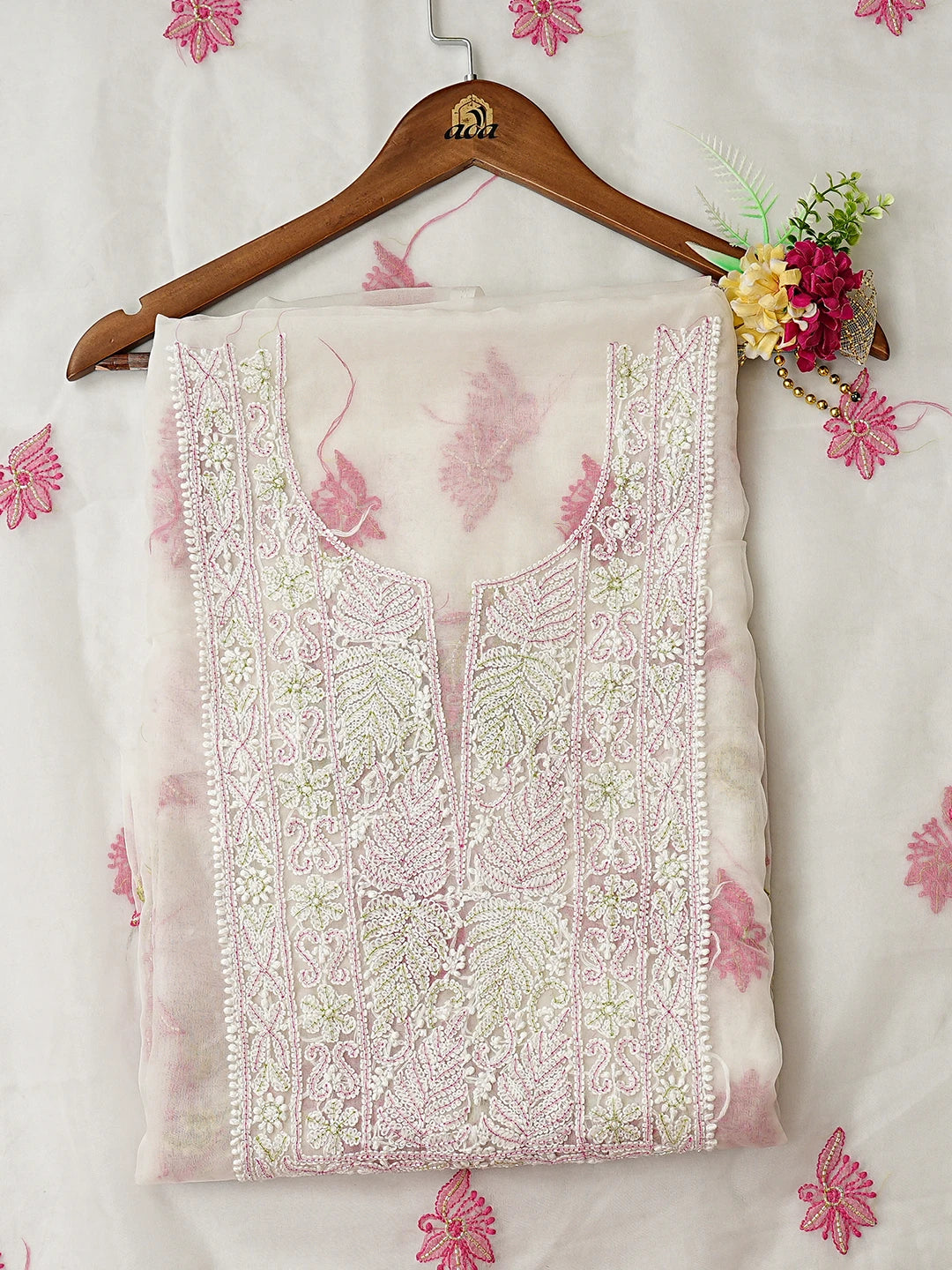 Ada Hand Embroidered White Cosmic Latte Organza Lucknowi Chikankari Unstitched Kurta Dupatta Set With Cutdana Work 01A877736