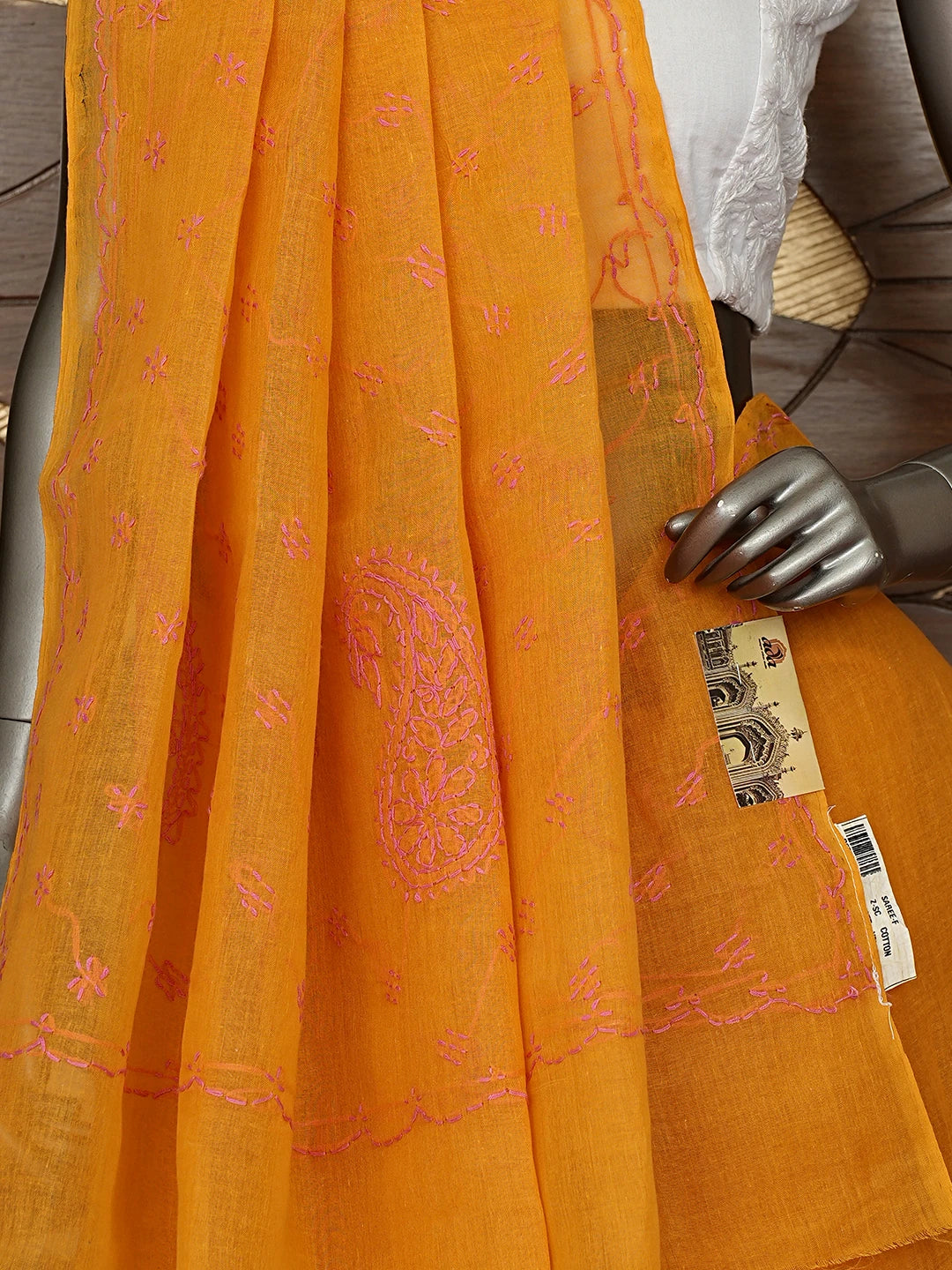 Ada Hand Embroidered Mustard Yellow Cotton Lucknowi Chikankari Saree and Blouse 01A882929