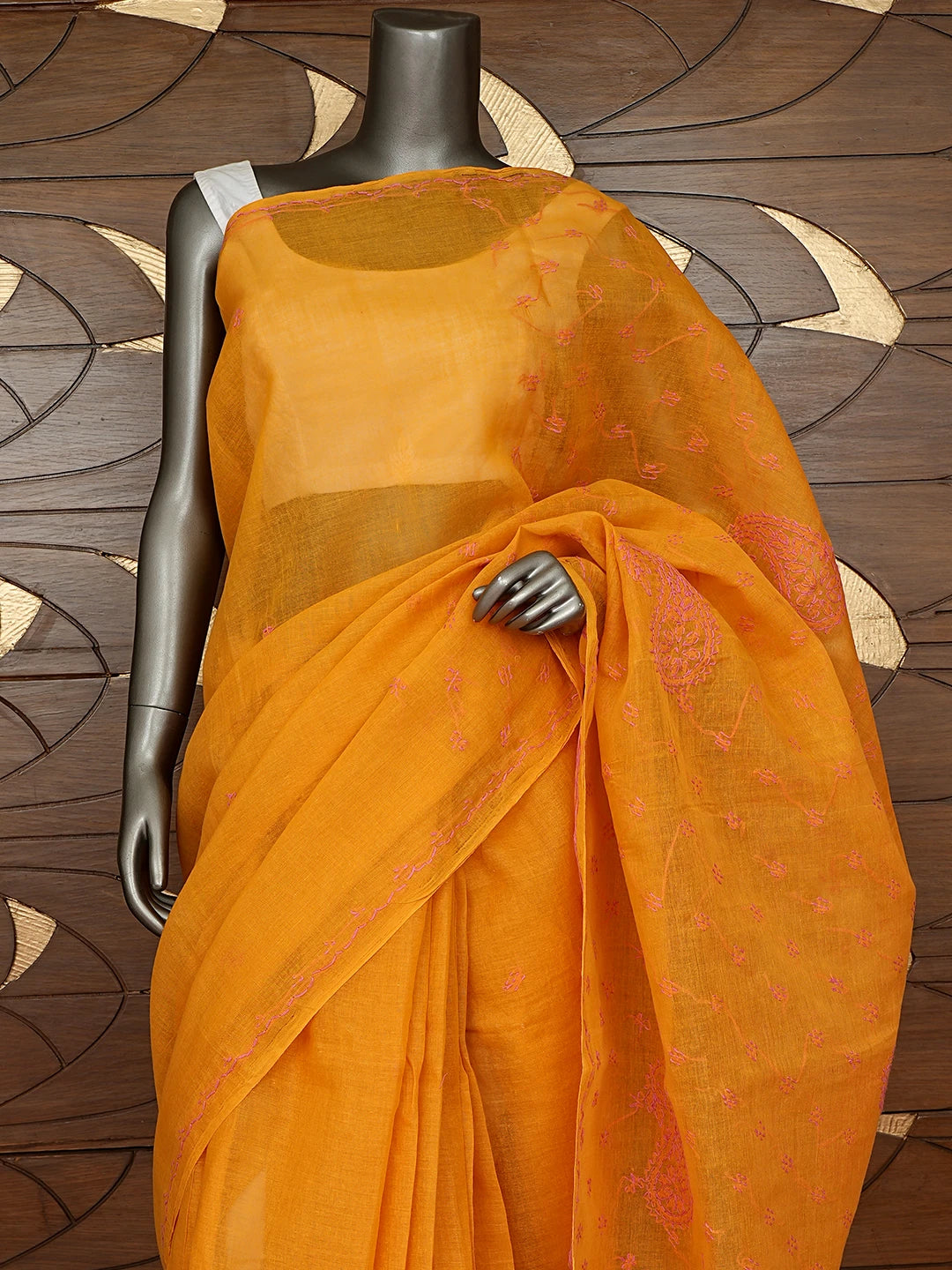 Ada Hand Embroidered Mustard Yellow Cotton Lucknowi Chikankari Saree and Blouse 01A882929