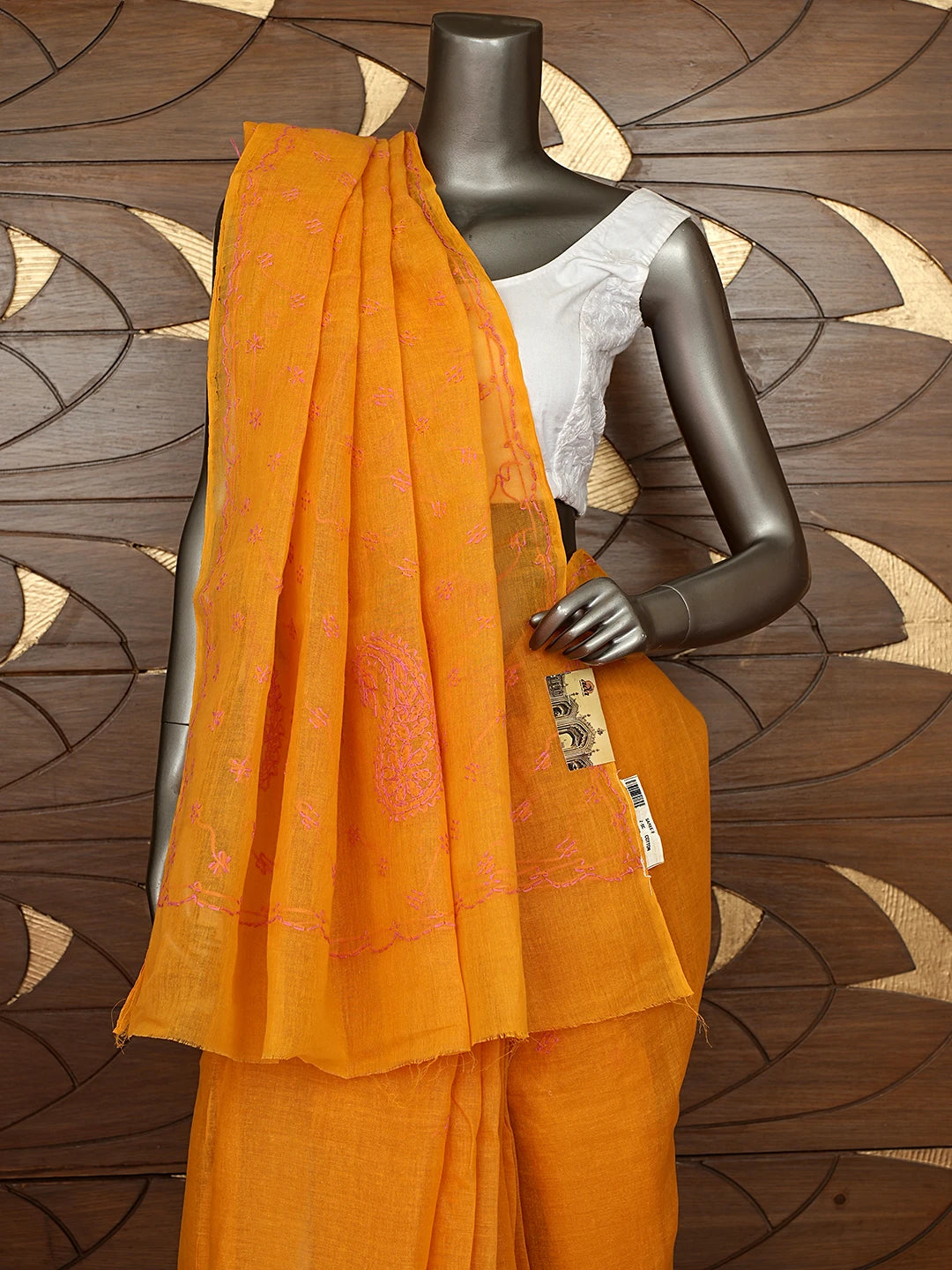 Ada Hand Embroidered Mustard Yellow Cotton Lucknowi Chikankari Saree and Blouse 01A882929
