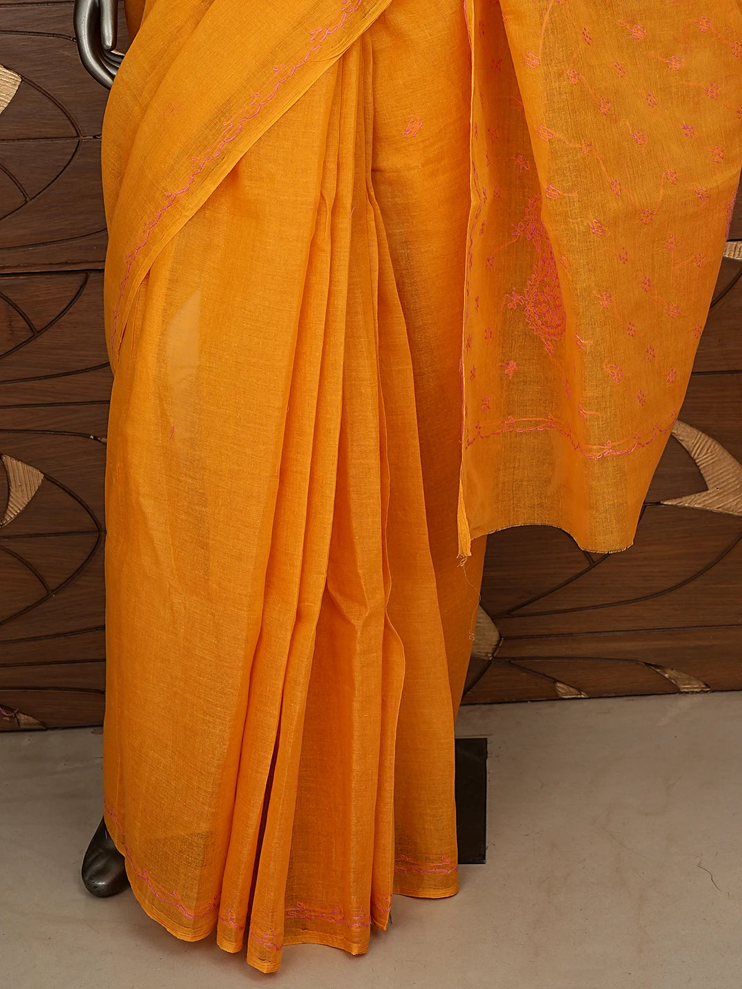 Ada Hand Embroidered Mustard Yellow Cotton Lucknowi Chikankari Saree and Blouse 01A882929