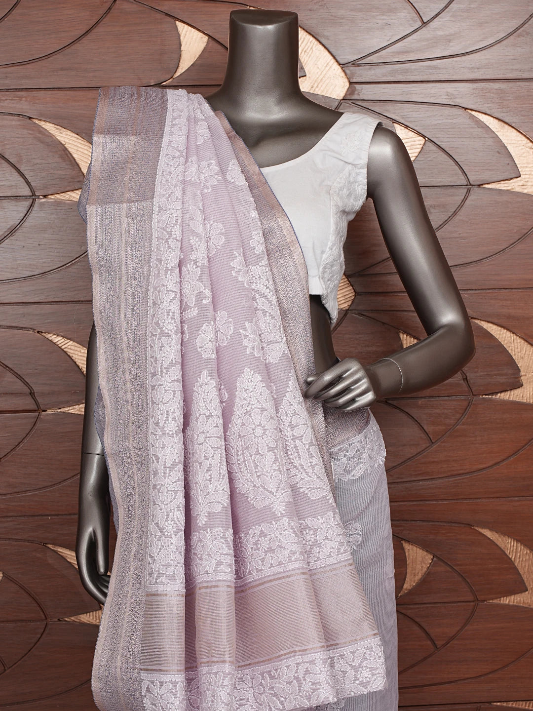 Ada Hand Embroidered Lavender Chanderi Lucknowi Chikankari Saree With Blouse 01A876383