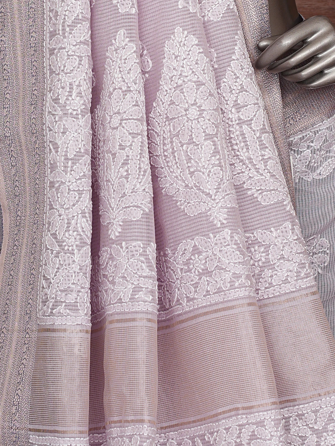 Ada Hand Embroidered Lavender Chanderi Lucknowi Chikankari Saree With Blouse 01A876383