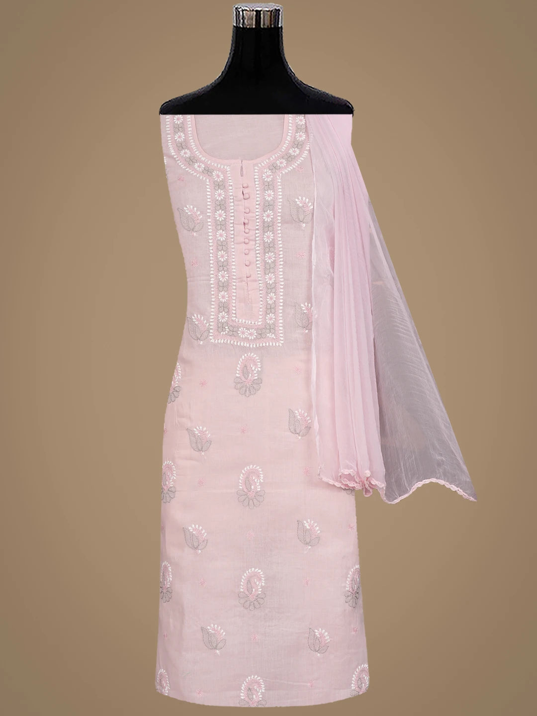 Ada Hand Embroidered Pink Cotton Lucknowi Chikankari Unstitched Suit Piece with Chiffon Dupatta 01A879770