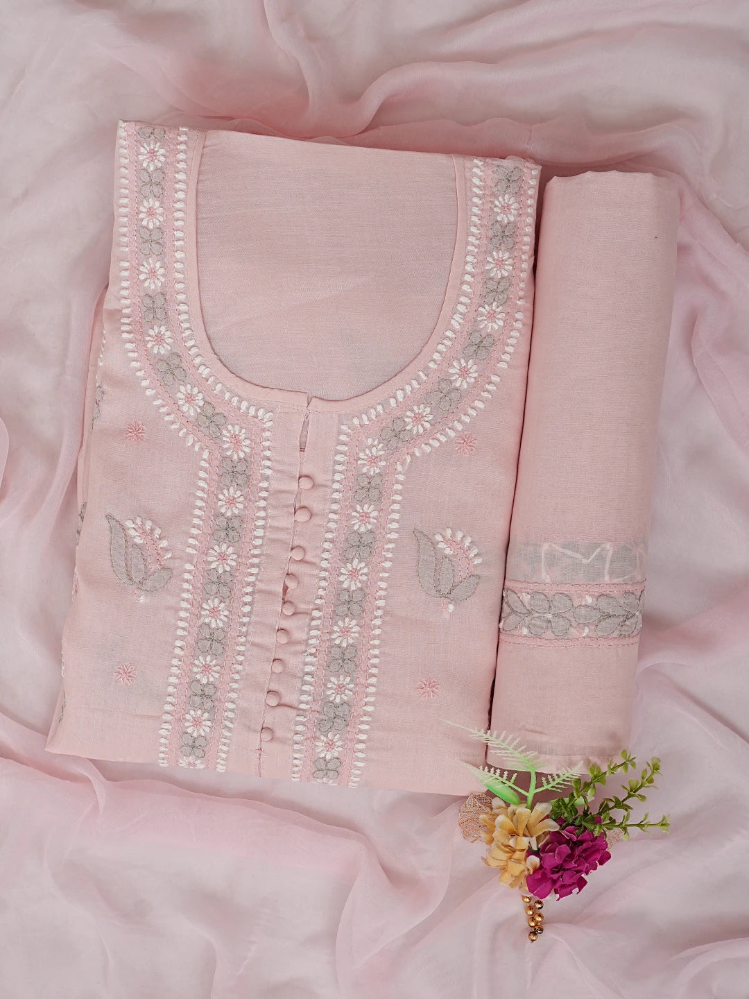 Ada Hand Embroidered Pink Cotton Lucknowi Chikankari Unstitched Suit Piece with Chiffon Dupatta 01A879770