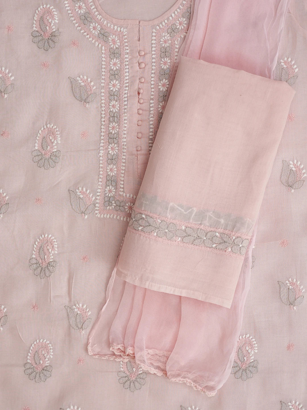 Ada Hand Embroidered Pink Cotton Lucknowi Chikankari Unstitched Suit Piece with Chiffon Dupatta 01A879770