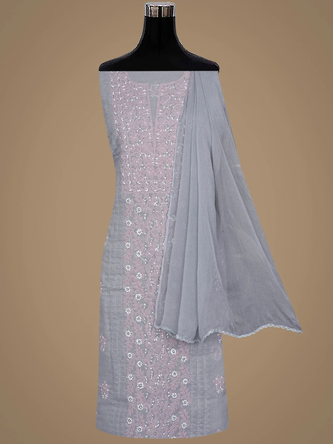 Ada Hand Embroidered Grey Cotton Lucknowi Chikankari Unstitched Suit Piece 01A879854