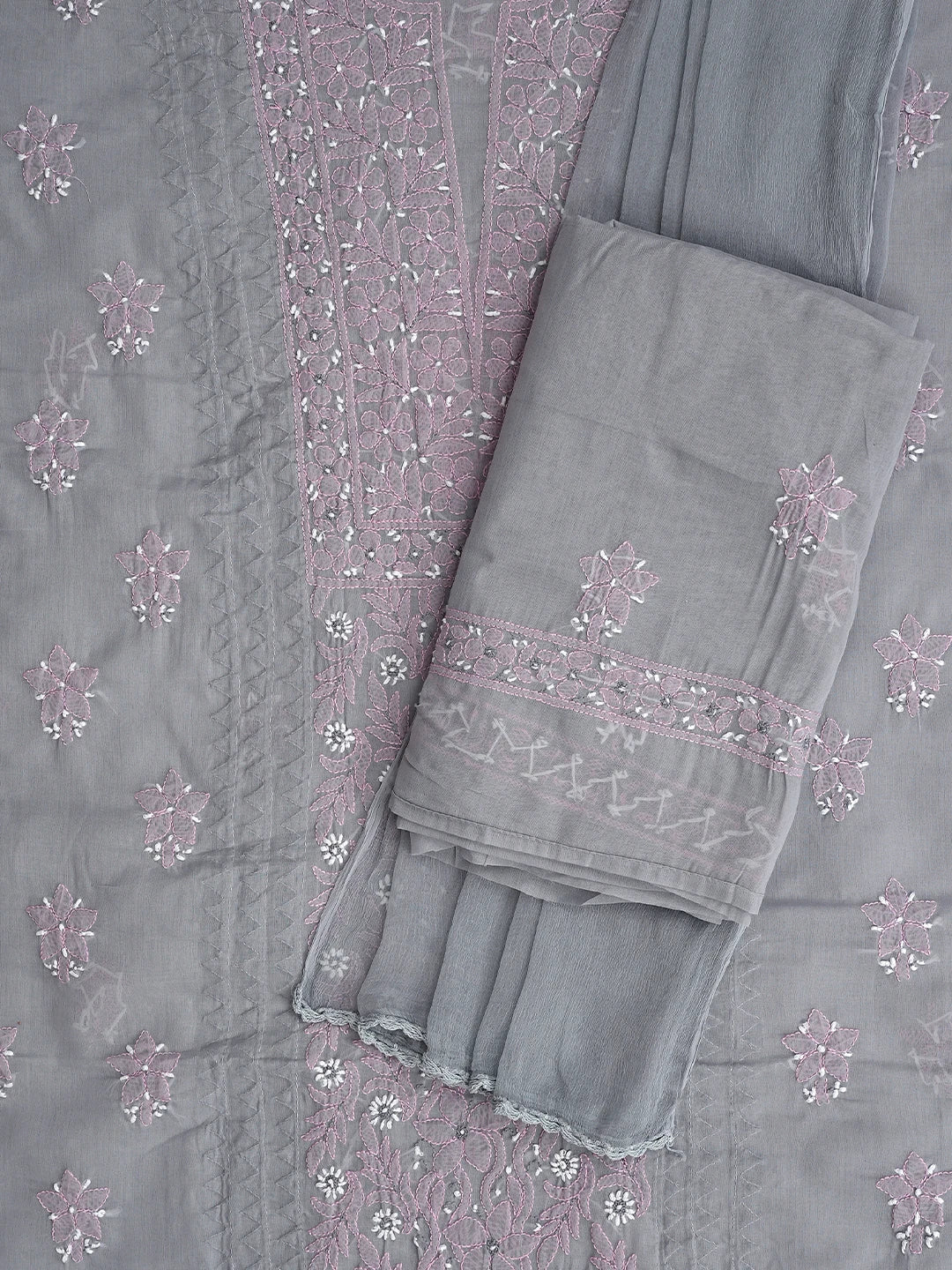 Ada Hand Embroidered Grey Cotton Lucknowi Chikankari Unstitched Suit Piece 01A879854