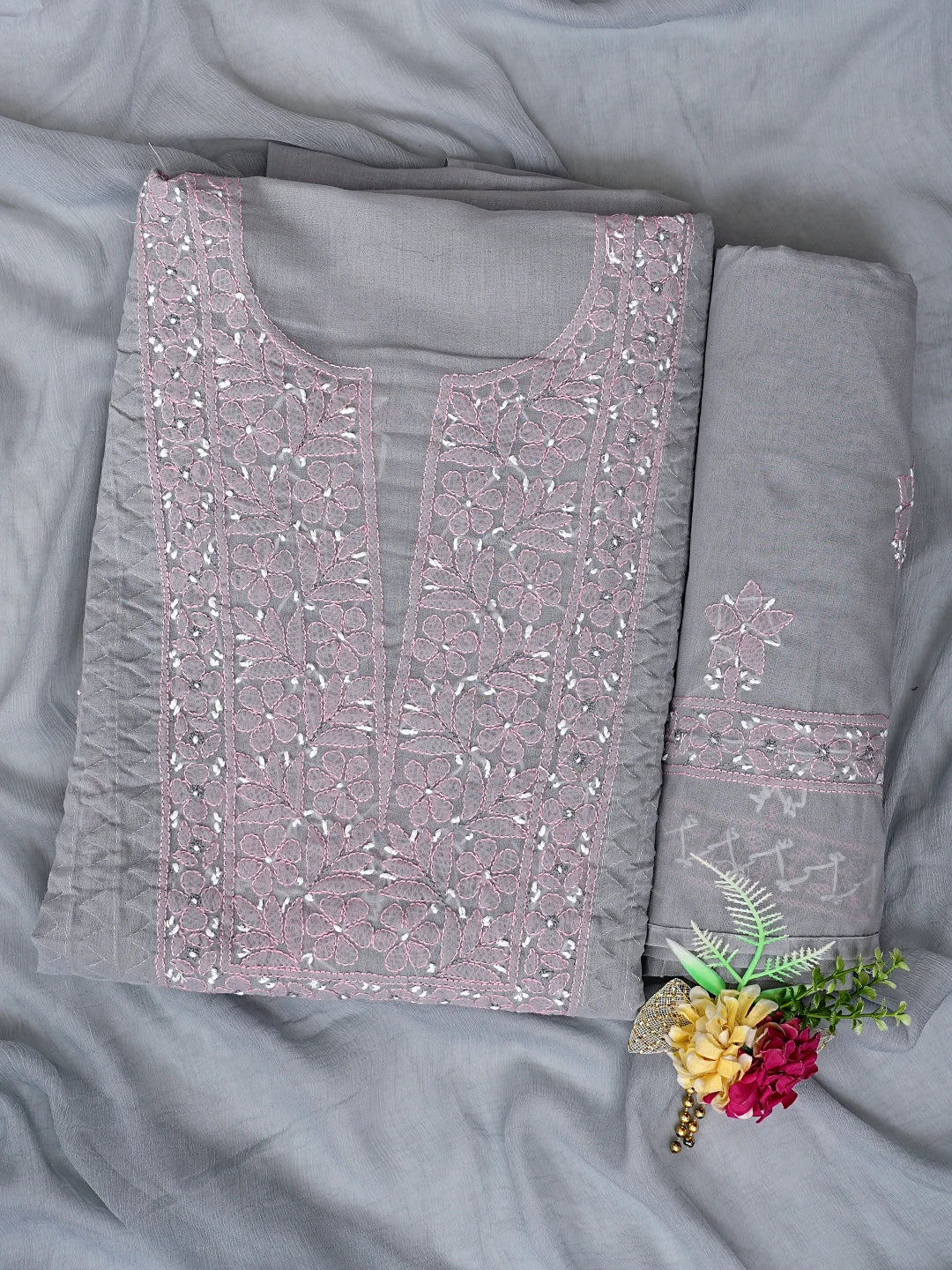Ada Hand Embroidered Grey Cotton Lucknowi Chikankari Unstitched Suit Piece 01A879854