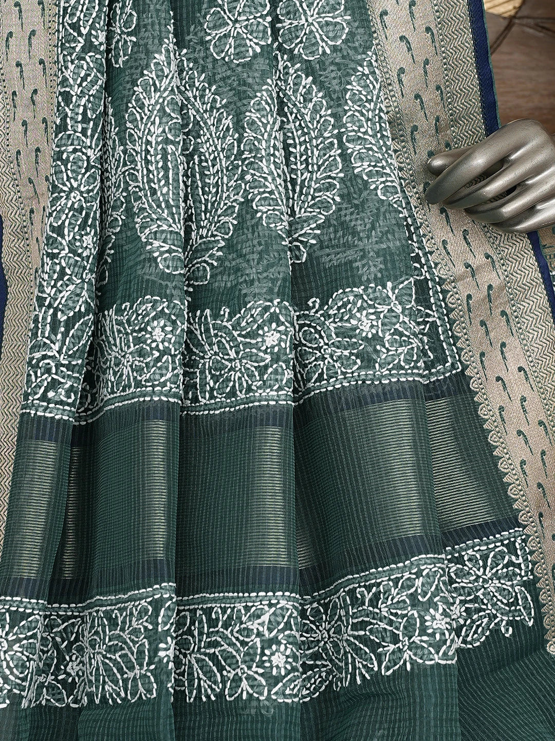 Ada Hand Embroidered Rama Green Chanderi Lucknowi Chikankari Saree With Blouse 01A876385