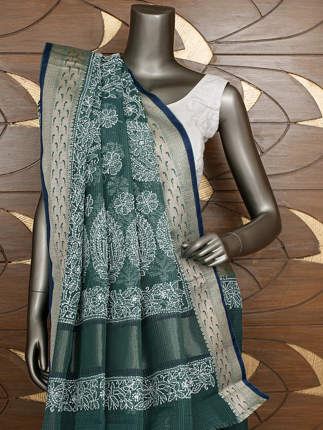 Ada Hand Embroidered Rama Green Chanderi Lucknowi Chikankari Saree With Blouse 01A876385