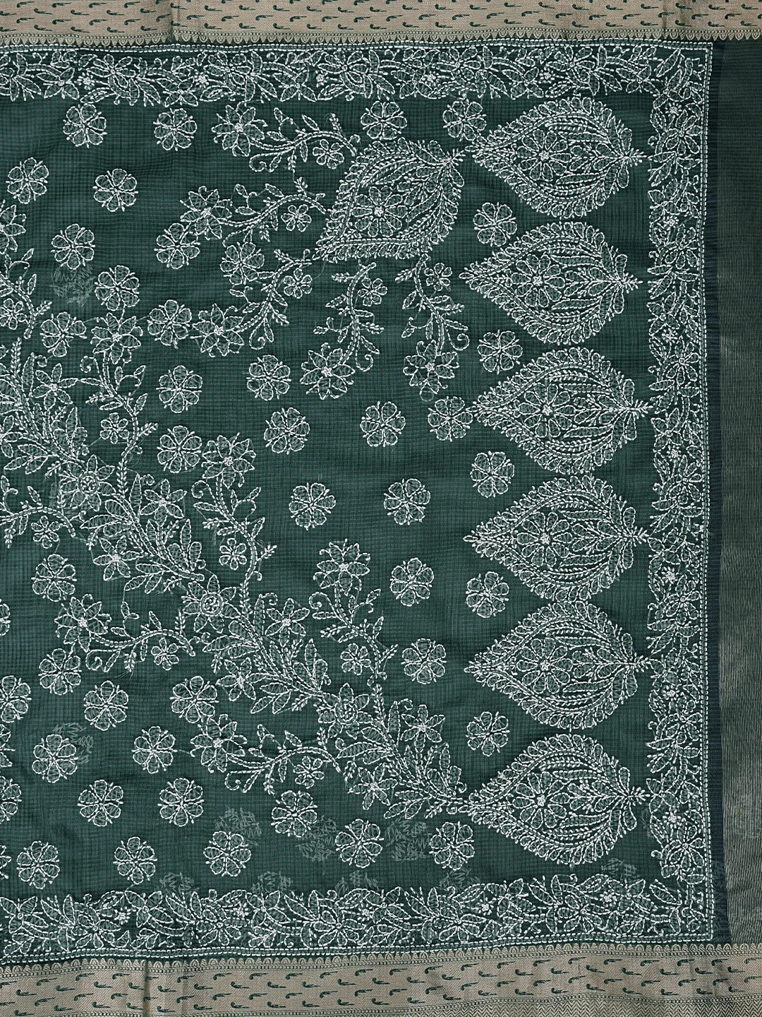 Ada Hand Embroidered Rama Green Chanderi Lucknowi Chikankari Saree With Blouse 01A876385