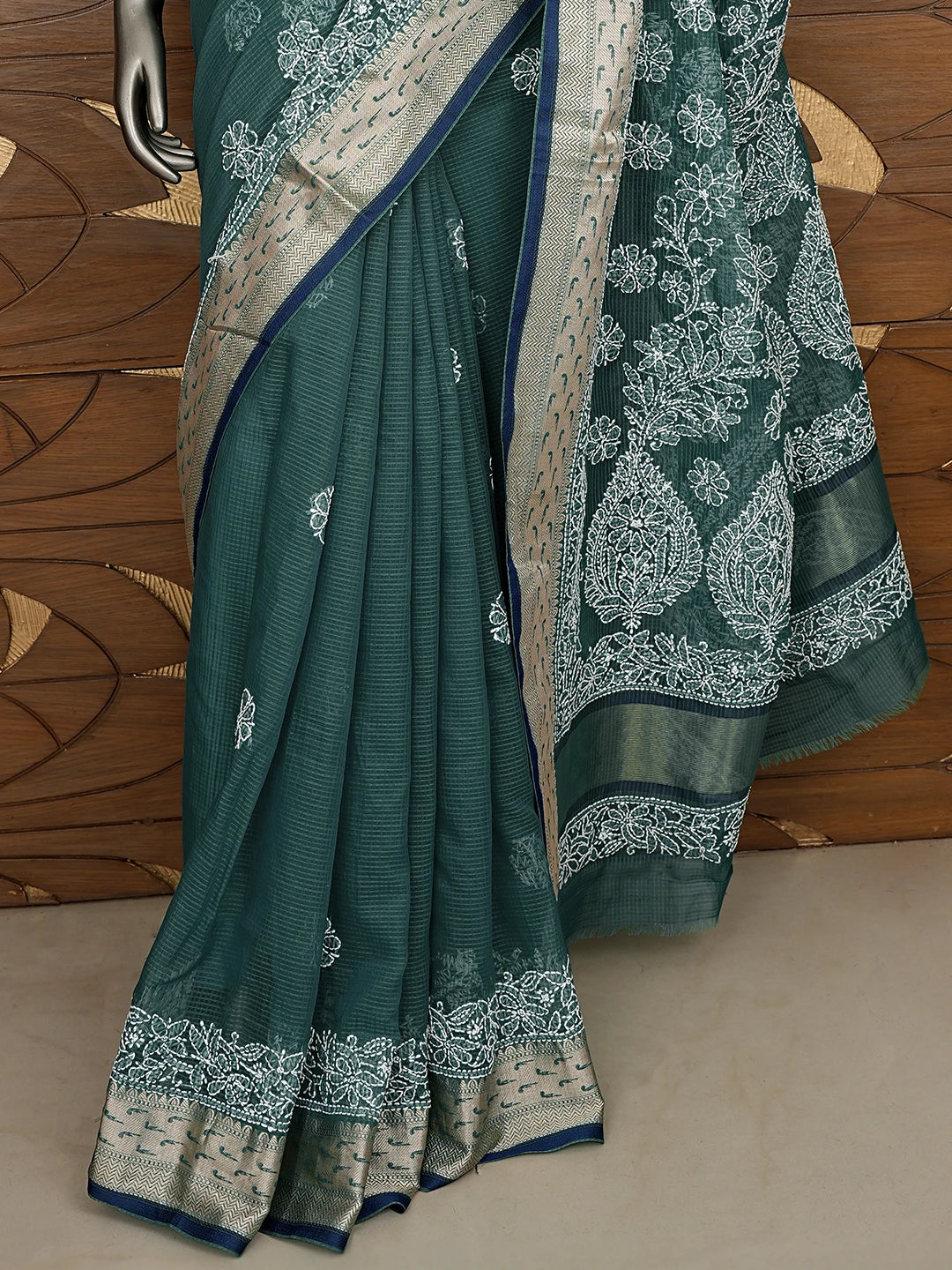 Ada Hand Embroidered Rama Green Chanderi Lucknowi Chikankari Saree With Blouse 01A876385