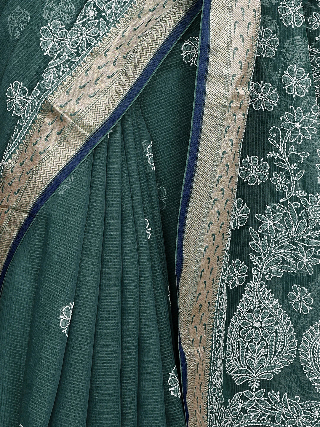Ada Hand Embroidered Rama Green Chanderi Lucknowi Chikankari Saree With Blouse 01A876385
