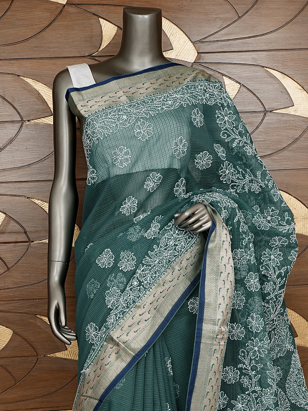 Ada Hand Embroidered Rama Green Chanderi Lucknowi Chikankari Saree With Blouse 01A876385